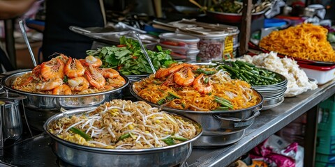 Delicious Asian Street Food with Shrimp and Noodles