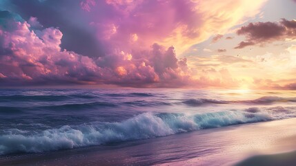 Wall Mural - A dreamlike beach with waves made of light, under a sky filled with colorful clouds