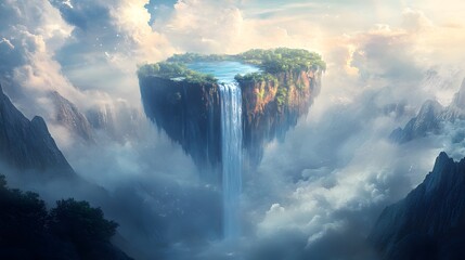 Wall Mural - A floating island with a waterfall that flows into the sky, surrounded by mist and light