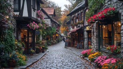 Canvas Print - charming small town street quaint shops colorful flowers and cobblestone roads