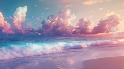 Wall Mural - A dreamlike beach with waves made of light, under a sky filled with colorful clouds