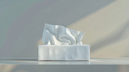 A white tissue box with a single tissue pulled out sits on a white countertop against a light gray background.