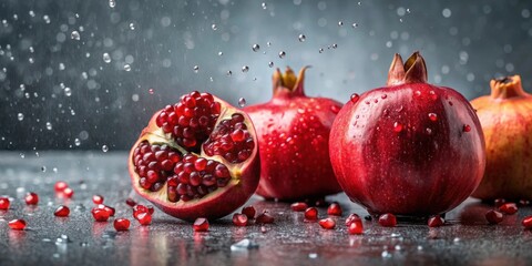 Wall Mural - Red pomegranate fruits surrounded by water droplets on a gray background, pomegranate, red, fruits, water droplets