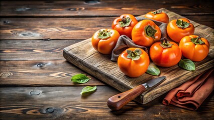 Ripe persimmons on a rustic wooden cutting board , fresh, sweet, fruit, vibrant, organic, healthy, natural, ripe