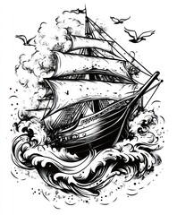 Canvas Print - A detailed black and white illustration of a sailing ship amidst turbulent waves and birds.