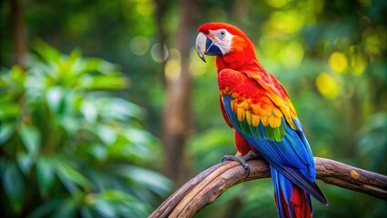 Wall Mural - Vibrantly colored macaw perched on a tree branch, Macaw, parrot, bird, colorful, tropical, feathers, wildlife, exotic, vibrant