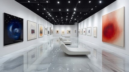 Canvas Print - modern art gallery abstract paintings on the walls soft lighting and clean design