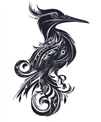 Poster - A stylized black and white bird design with intricate patterns and curves.