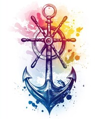 Canvas Print - A colorful artistic depiction of an anchor and ship's wheel.