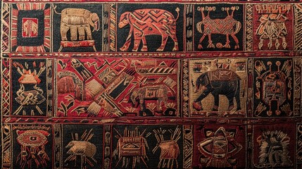 Wall Mural - Intricate Woven Textile Pattern with Elephants  Geometric Motifs  and Animal Figures