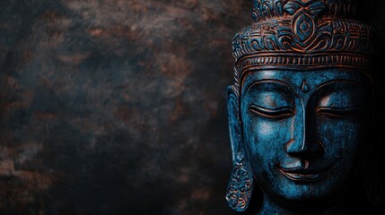 Close Up of Blue Buddha Statue with Closed Eyes on Dark Background