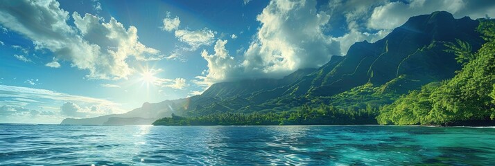 Sticker - Morning sunlight shining on the glistening ocean green trees on the mountain gazing up at clean white clouds streaking across the sky