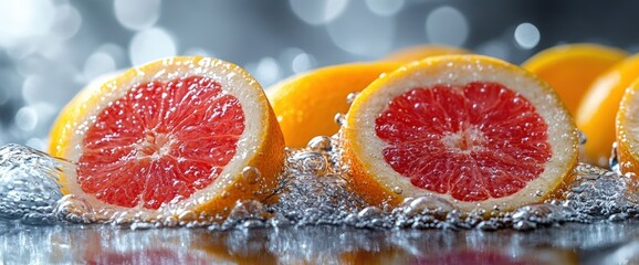 Sticker - Two halved grapefruits with pink flesh and yellow rinds sit in water with bubbles.