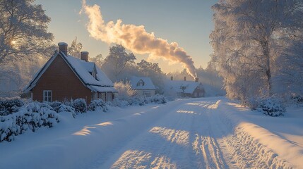 Canvas Print - crisp winter morning a snowy village with smoke rising from chimneys and frosty trees