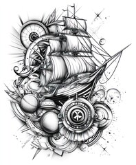 Canvas Print - A detailed black and white illustration of a sailing ship surrounded by abstract elements.