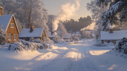 Canvas Print - crisp winter morning a snowy village with smoke rising from chimneys and frosty trees