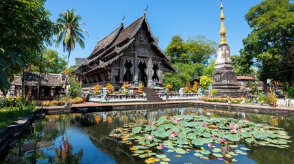 Sticker - Beautiful Thai Temple with Water Lily Pond and Golden Pagoda