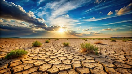 Desolate barren wasteland with dry cracked earth and sparse vegetation, wasteland, barren, harsh, survival, landscape