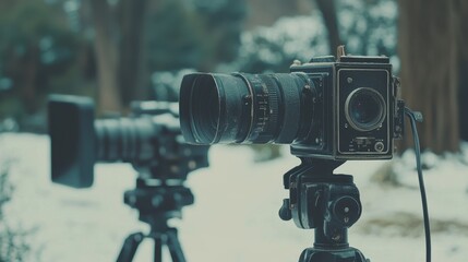 Vintage Film Camera on Tripod in Snowy Forest