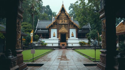 Canvas Print - Ancient Thai Temple Architecture with Golden Decorations and Green Gardens