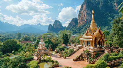 Sticker - Golden Temple with Buddha Statue and Mountain View in Laos