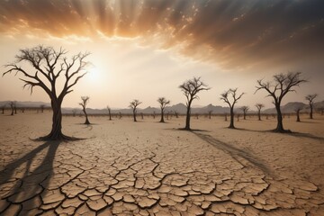 Wall Mural - Dry cracked earth in a desert landscape and sunset rays and clouds showcasing the texture of arid soil under the intense summer heat