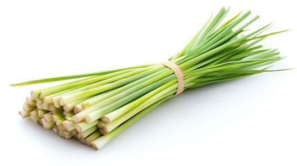 a lemongrass stalk with the ends frayed, rustic and natural, bright green, isolated on white background