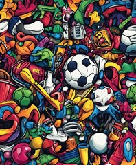 Wall Mural - A vibrant collage of various sports equipment and colorful objects.