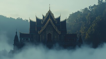 Canvas Print - Black Temple in Foggy Forest