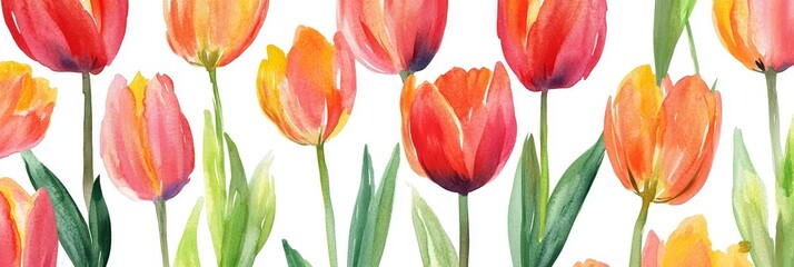 A beautiful watercolor seamless pattern featuring vibrant red and orange tulips with green leaves on a white background. This pattern symbolizes spring, joy, love, and new beginnings. It is perfect fo