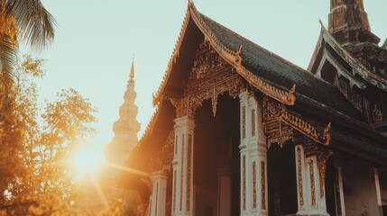 Sticker - Golden Sunset at a Traditional Thai Temple