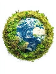 green planet earth from moss isolated on white background. symbol of sustainable development and ren