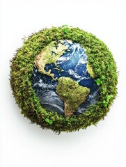 green planet earth from moss isolated on white background. symbol of sustainable development and ren
