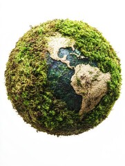 green planet earth from moss isolated on white background. symbol of sustainable development and ren