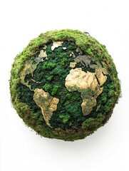 green planet earth from moss isolated on white background. symbol of sustainable development and ren
