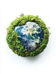 green planet earth from moss isolated on white background. symbol of sustainable development and ren