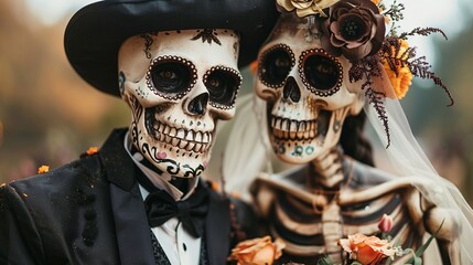 Day of the Dead sugar skull with bride and groom in traditional costume with flowers.