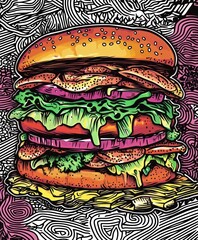 Sticker - A colorful, artistic illustration of a stacked burger with various toppings.