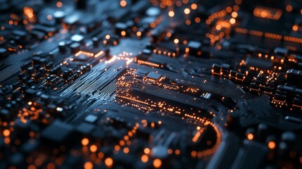 Canvas Print - A close-up of a circuit board with intricate wiring and glowing connections, symbolizing technology, innovation, connectivity, complexity, and the flow of information.