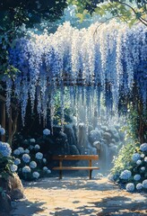 Wall Mural - A wisteria illustration in watercolor style of a park with a bench. 