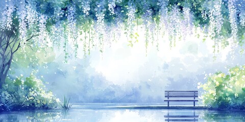 Wall Mural - A wisteria illustration in watercolor style of a park with a bench. 