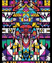 Poster - A vibrant abstract design featuring geometric shapes, bold colors, and tribal motifs.