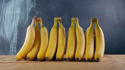 Wall Mural - Seven yellow bananas on a brown surface with a blurred white background and a gray background behind them.