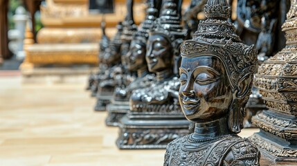 Sticker - Close up of Ornate Black Buddha Statues in a Temple