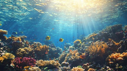 Poster - Underwater Coral Reef with Colorful Fish and Sunlight