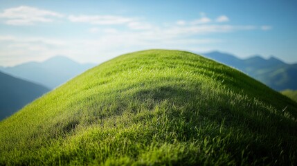 A close-up view of a rounded mountaintop covered in lush green grass. The hill is bathed in soft sunlight, creating a serene atmosphere.  The background features distant mountain ranges and a clear bl