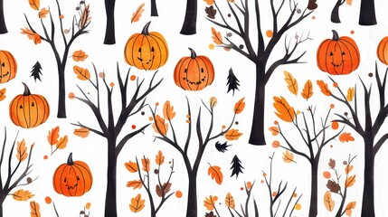 Sticker - Watercolor Halloween Seamless Pattern with Pumpkins and Trees