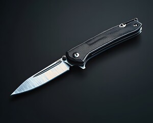 Closeup of a Black and Silver Folding Knife on a Dark Background - Realistic Image