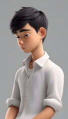 Poster - A cartoon-style young boy with black hair. He has a surprised expression. Sad bored upset Asian cartoon character young man wearing white shirt in 3d style design on light background.