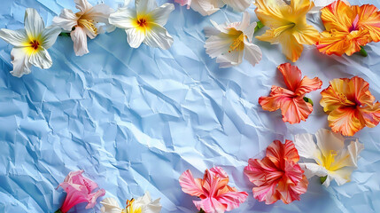 Wall Mural - Crumpled blue paper background adorned with scattered yellow and red flower petals, creating a vibrant contrast.